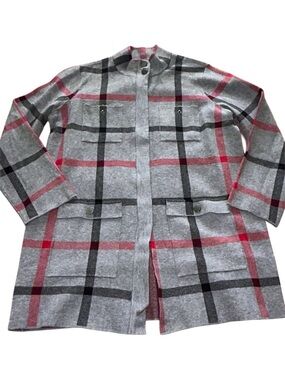 Anne Klein Gray Red Black Plaid Zip Front Cardigan Sweater Jacket L - Defect